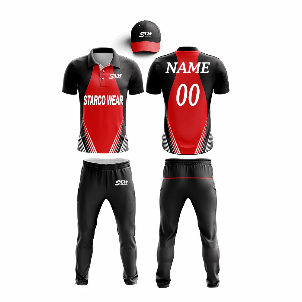 Black and red Starco Wear cricket uniform