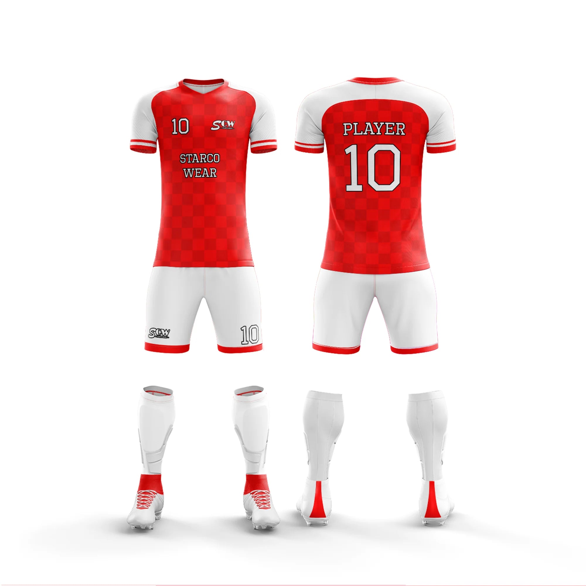 Red and white Starco Wear football kit