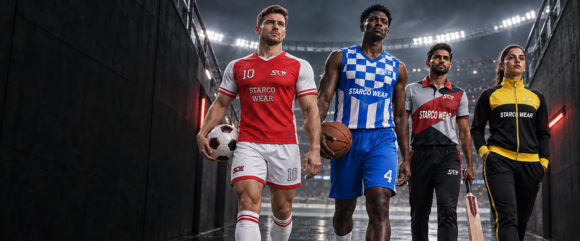 Athletes wearing Starco Wear football, basketball, cricket and activewear kits in a stadium tunnel